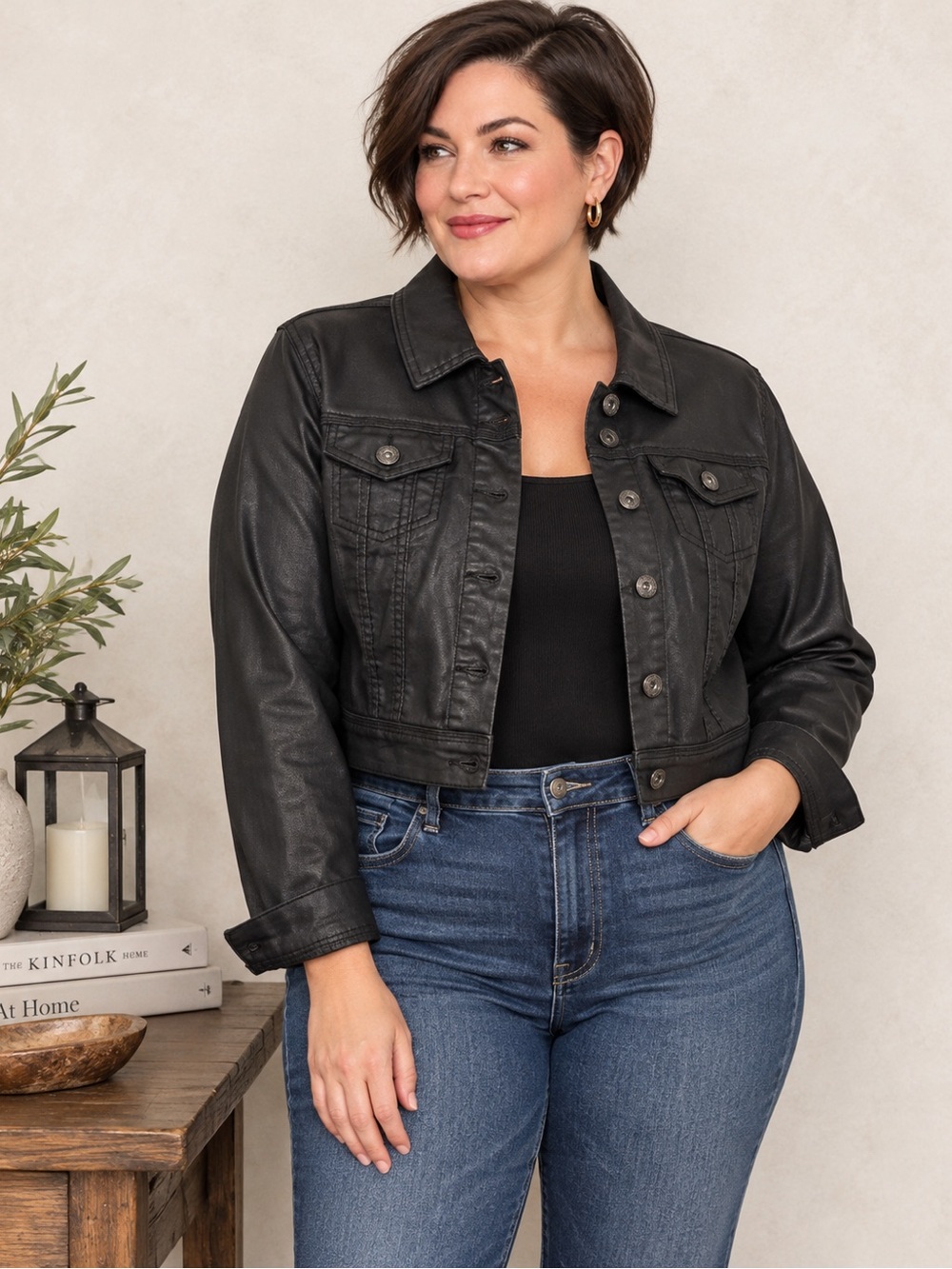 Highway Jeans Black Waxed Coated Cropped Trucker Jacket 1X